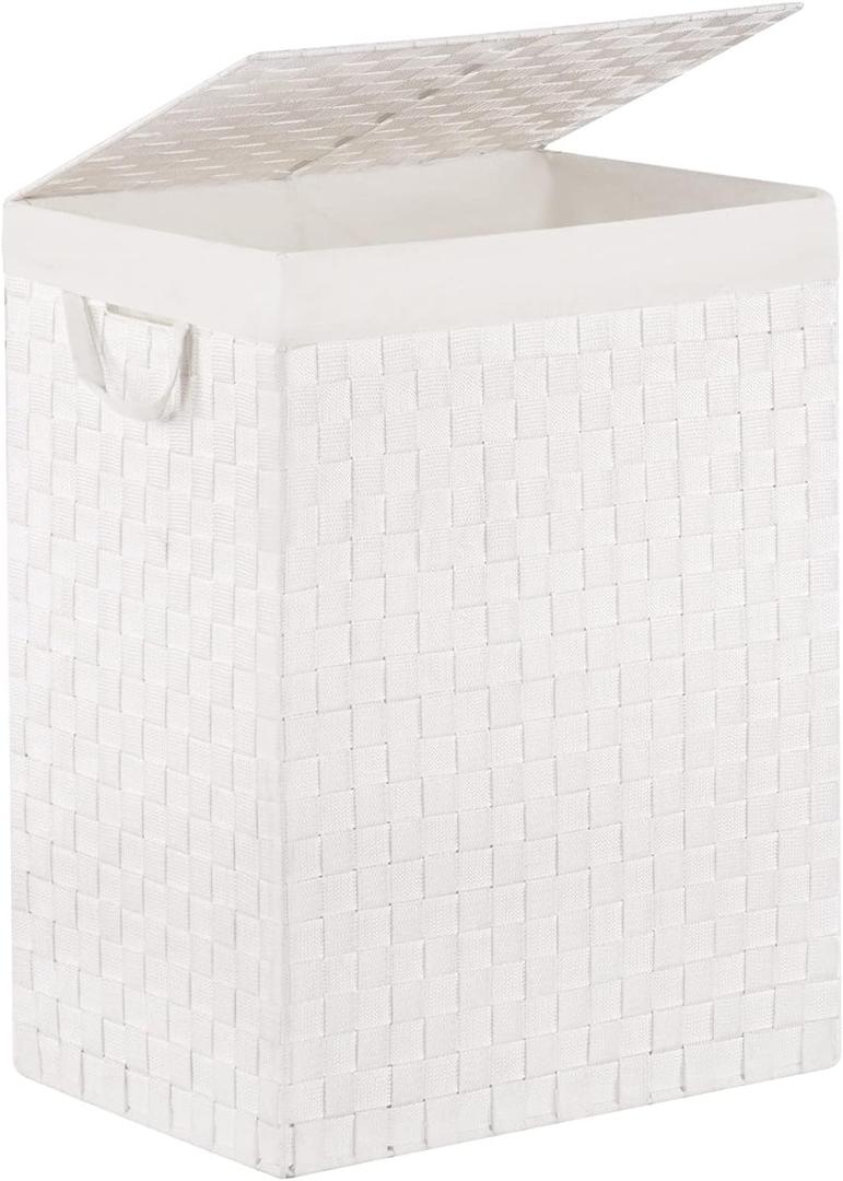 YOUDENOVA Handwoven Laundry Basket Hamper with Removable Bag and Lid, Collapsible Clothes Hamper with Handle, White, 90L