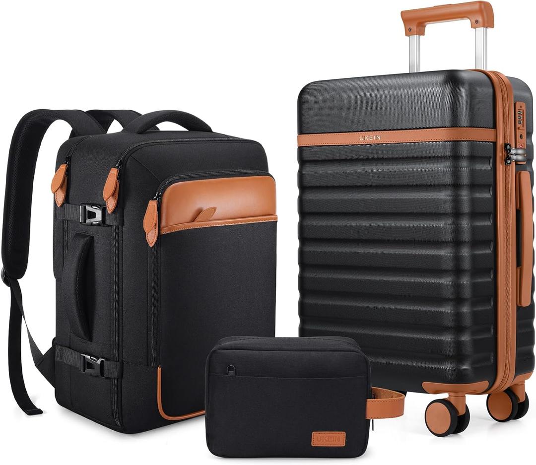 UKEIN Luggage Sets 3 Piece, Carry On Luggage 20In With Spinner Wheels,PC Hardside Suitcase Set with TSA Lock,Durable Carry On Suitcase With Travel Backpack for Men (Black, 3 piece set (20inch))