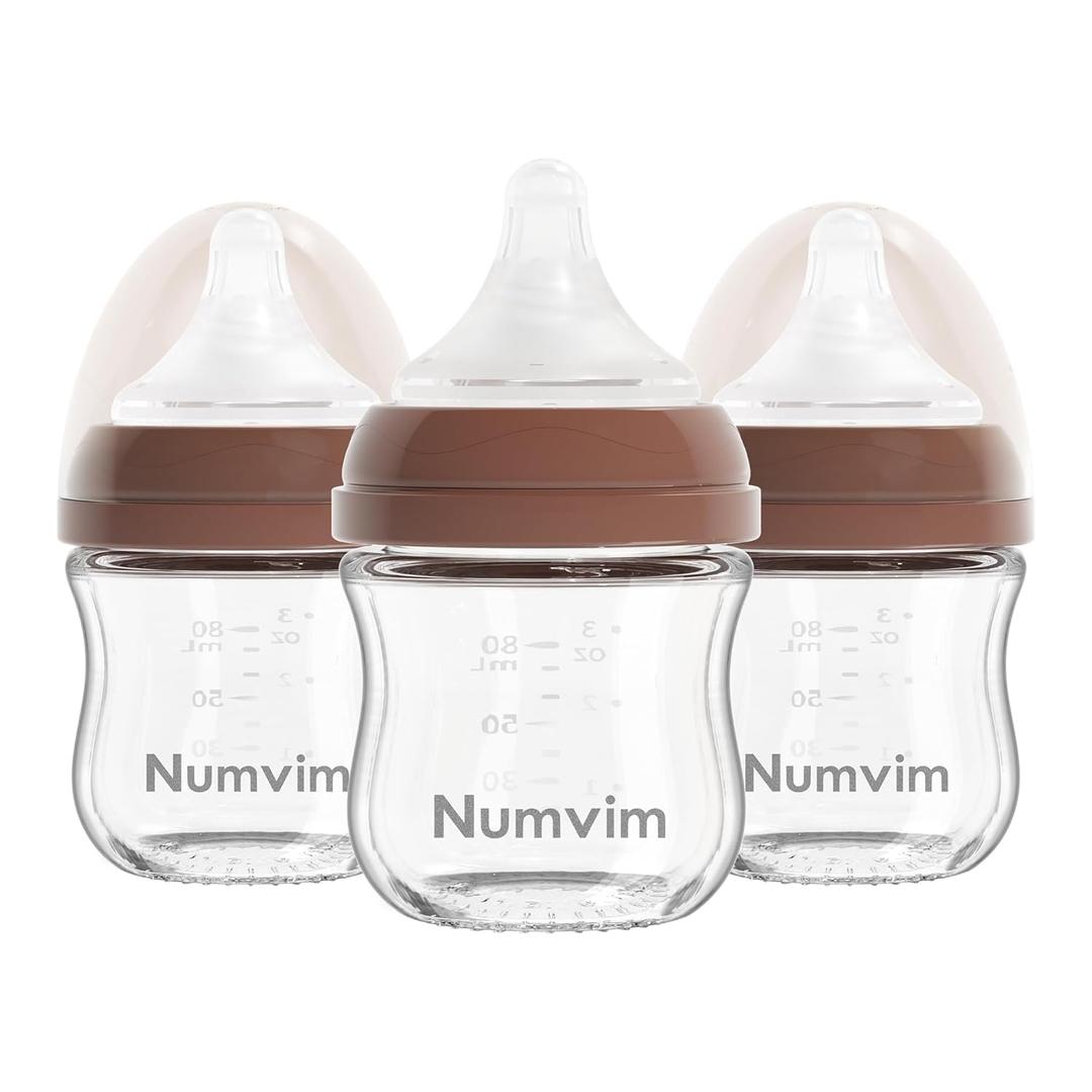 Natural Glass Baby Bottles Gentle & Extra Slow Flow, Newborn Breastfeeding Bottle with Anti Colic Nipple for 0 Months Babies, 3 Packs (Brown (3 Ounce), 1 Count (Pack of 3)