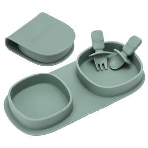 Silicone Foldable Novelty Dinner Plates, Baby Plates Travel Essential with Forks and Spoons, Microwave & Dishwasher Safe, Sage