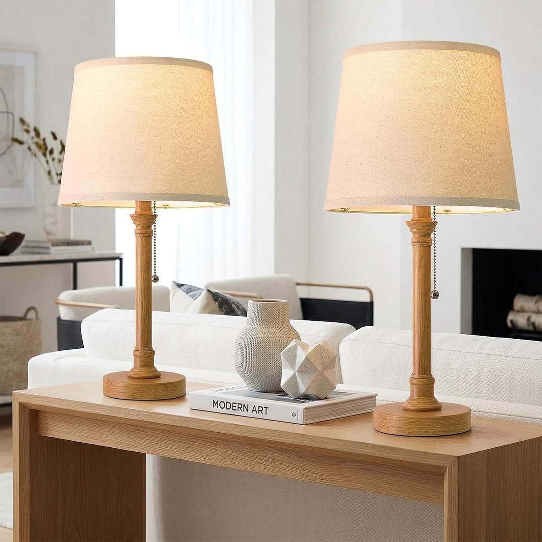 Oneach 19.5" Small Table Lamps Set of 2, Pull Chain Switch Bedside Metal Table Lamps, Modern Nightstand Lamp with Linen Shade, Rustic Lamp for Living Room, Bedroom, Home Office, Nursery (Wood Grain-2Pack)