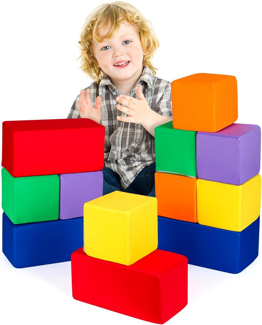 Toddler Foam Buliding Blocks - 12 Piece Fabric Covered in 2 Sizes Stacking Block Sets - Colourful Soft Play Set for Kids Idea for Building and Throwing Fun-Blue