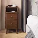 Solid Wood Nightstand with 2 Drawers, Bedside Table with Open Sliding Shelf, Mid Century Modern Night Stand, End Side Table for Bedroom, No Assembly Needed, Walnut, 12"