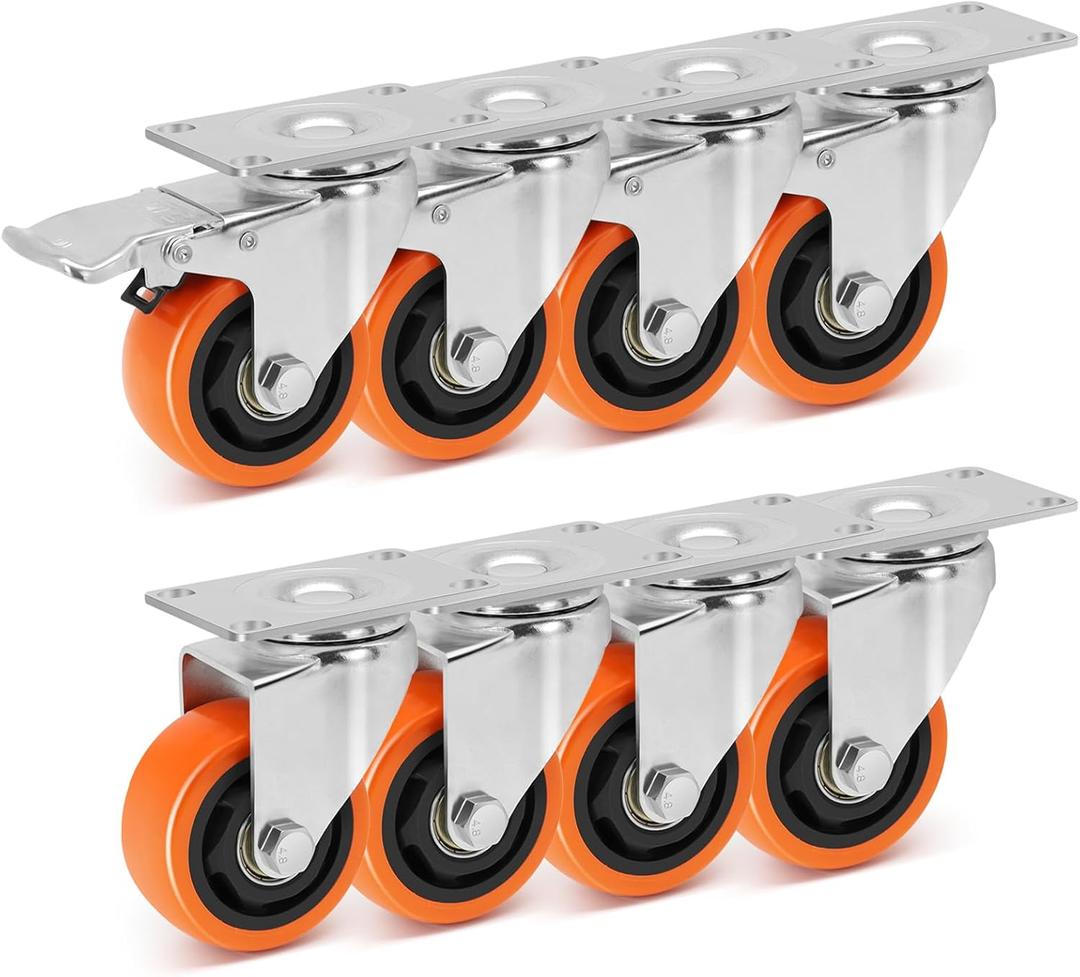 WBD WEIBIDA 3 Inch Swivel Caster Wheels with Brake, Safety Dual Locking Casters Set of 8 Heavy Duty Plate Casters, Premium Polyurethane Wheels for Furniture and Workbench((Screws and Spanner)