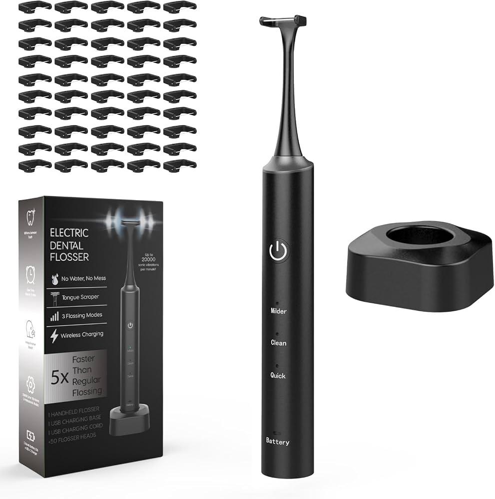 Electric Flosser with 50 Replacement Heads, 3 Modes, 800mAh Rechargeable Electric Floss Sticks for Gum Care (Black, Wireless Charging)