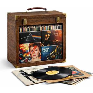 Vinyl Record Storage Box with Acrylic Display Window, Wooden Vinyl Record Box Holds Up to 35 LP Albums, Velvet Lined 12 Inch Vinyl Record Storage Box with Handle & Latches, (Carbonized black)
