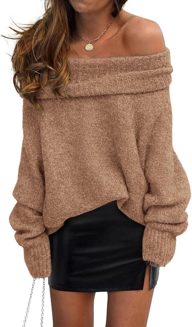 PRETTYGARDEN Women's Off The Shoulder Sweater Long Sleeve Tops 2025 Fall Loose Knit Pullover Sweaters Winter Clothes (Large, Camel)