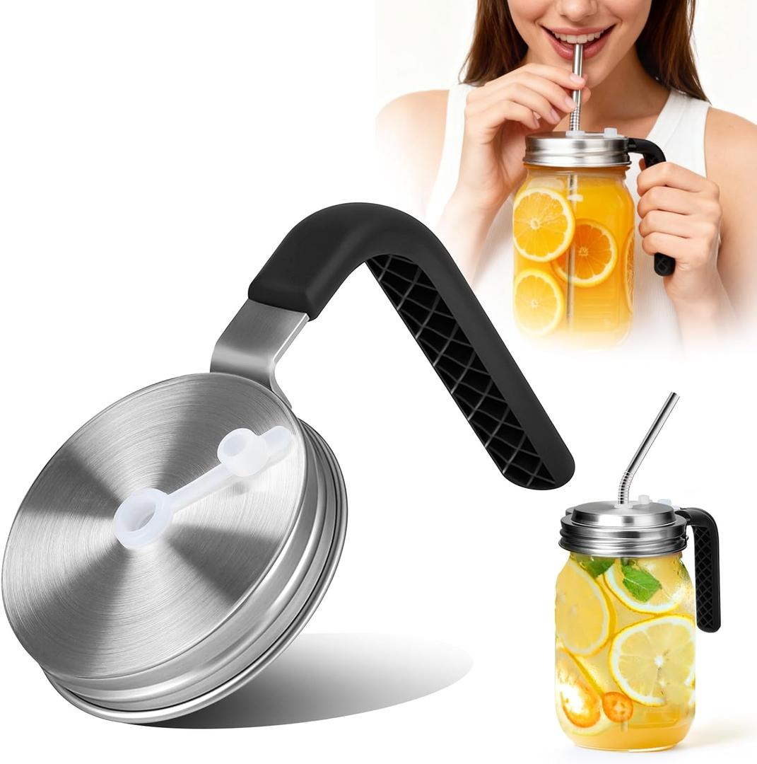 Palksky Mason Jar Lids with Straw Hole & Handle for Regular Mouth Jars, Leak-Resistant Drinking Lids with Extra Silicone Rings, Mason Jar Straw Lids for Iced Coffee, Lemonade, Juice (1 Pack)