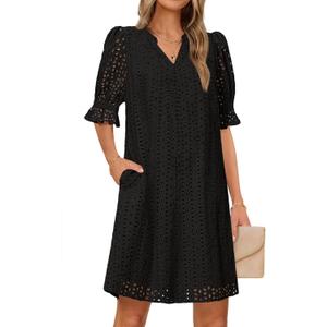 MEROKEETY Women's 2026 Summer Short Sleeve Mini Dress V Neck Ruffle Hollow Out Eyelet Lace Dresses (L)