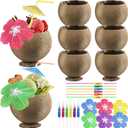 Fovths 6 Set Coconut Cups, 17 Oz Natural Coconut Shell Cups, Coconuts Shaped Tiki Cup with Straws Cocktail Umbrella Picks for Birthday Beach Pool Hawaiian Luau Party Decorations