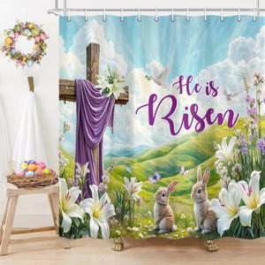 Spring Easter Shower Curtain, Christian He is Risen Cross Lily Bunny Shower Curtain for Bathroom, Jesus Resurrection Cross Seasonal Holiday Decor Bathtub Curtains Set with Hooks 69X70IN (Blue)