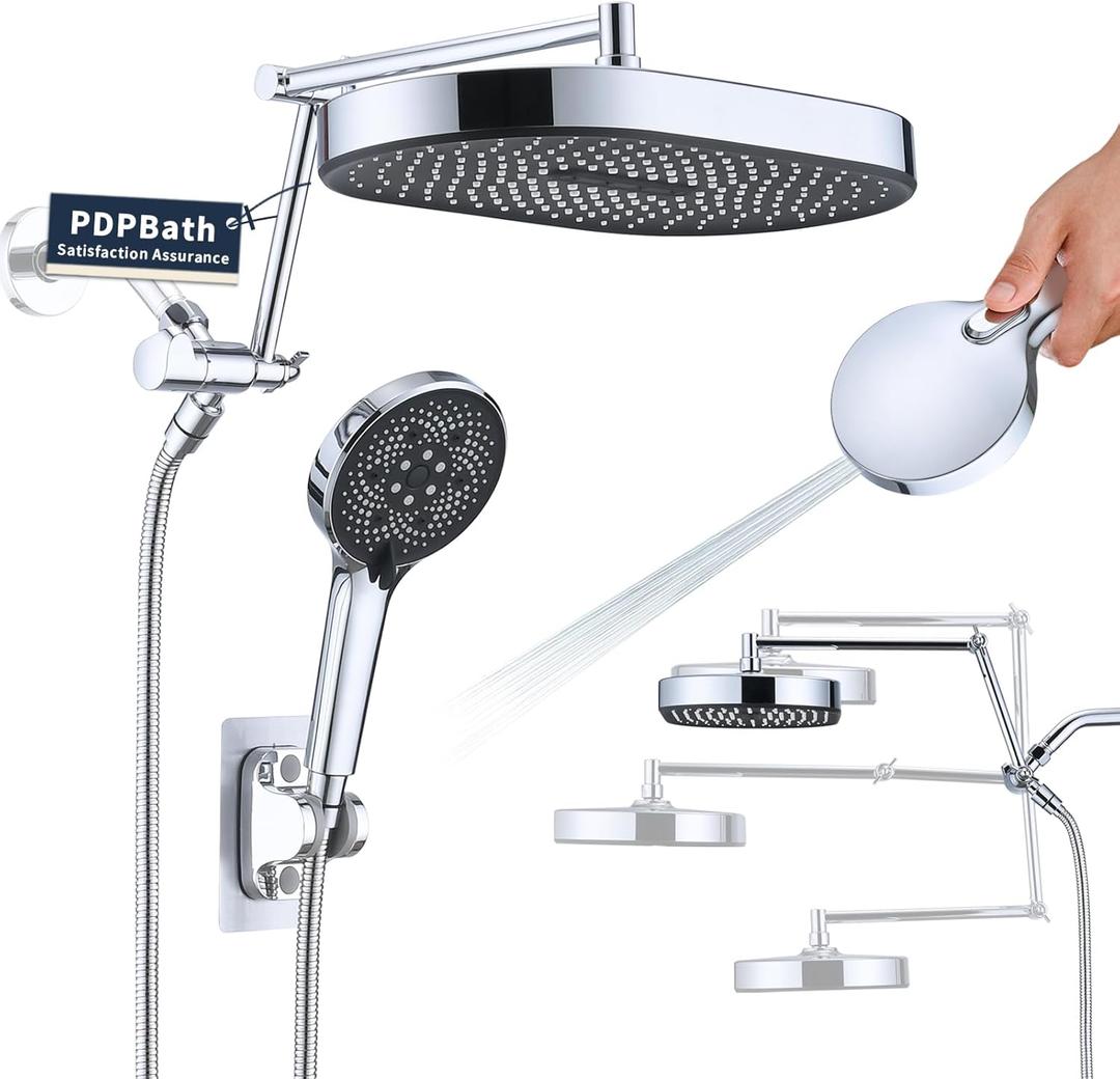 PDPBath 14 Inch Rain Shower Head with 5+1 Settings Handheld Spray Combo, High Pressure Rainfall Shower Head with 16'' Upgrade Adjustable Extension Arm, 79" Extra Long Hose, 3-Way Diverter, Chrome