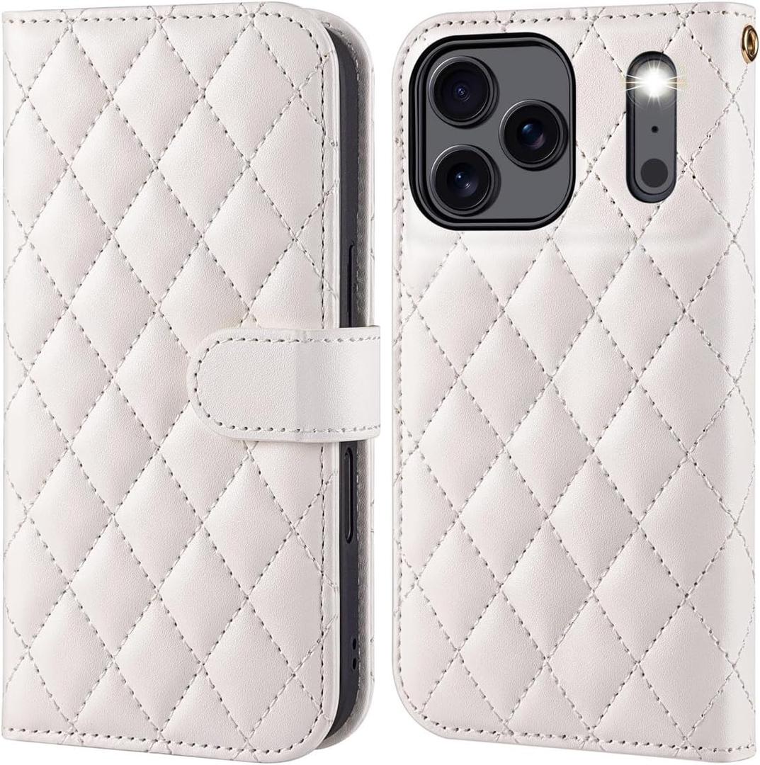 OCASE Compatible with iPhone 17 Pro Max Wallet Case, PU Leather Flip Folio Case with Card Holders RFID Blocking Kickstand [Shockproof TPU Inner Shell] Phone Cover 6.9 Inch 2025, Diamond Check White
