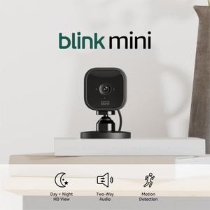 Blink Mini - Compact indoor plug-in smart security camera, 1080p HD video, night vision, motion detection, two-way audio, easy set up, Works with Alexa 2 cameras (Black)