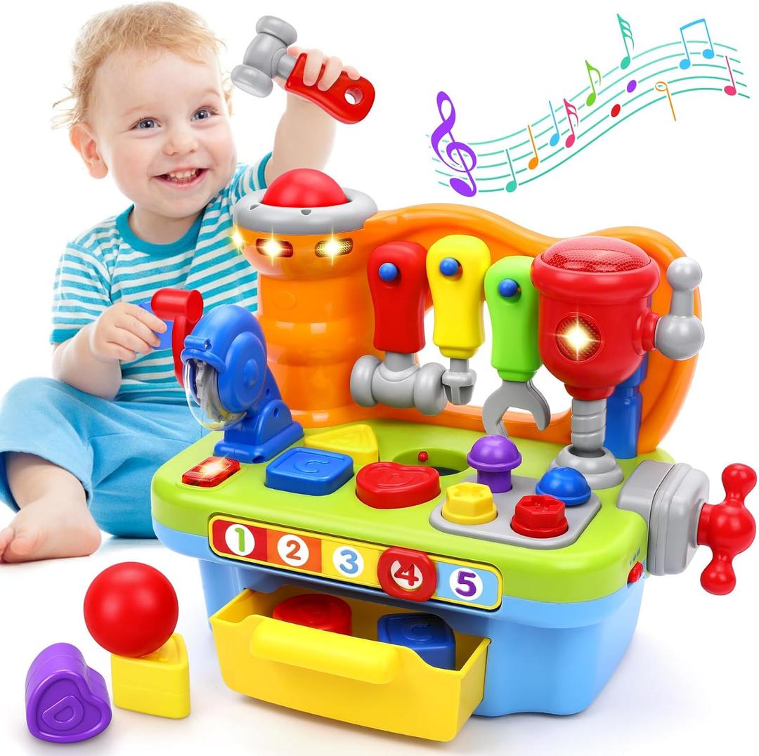 ORWINE Toys for 1 Year Old Boy, Musical Toddler Tool Bench, Montessori Educational Toys with Sound Lights Effect, Shape Sorter, One Year Old Boy Birthday Gift, Engineer Pretend Play Workbench