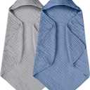 Yoofoss Hooded Baby Towels for Newborn 2 Pack 100% Muslin Organic Cotton Baby Bath Towel with Hood for Babies, Infant, Toddler and Kids, 32x32Inch, Soft and Absorbent Newborn Essential, Grey & Dark Blue