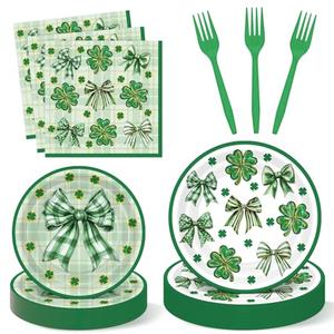 Havawish St Patrick's Day Party Supply Irish Bow Paper Plates and Napkins Shamrock Party Decoration Saint Patricks Day Disposable Green Paper Plates for 24 Guests Table Supply for Birthday Baby Shower
