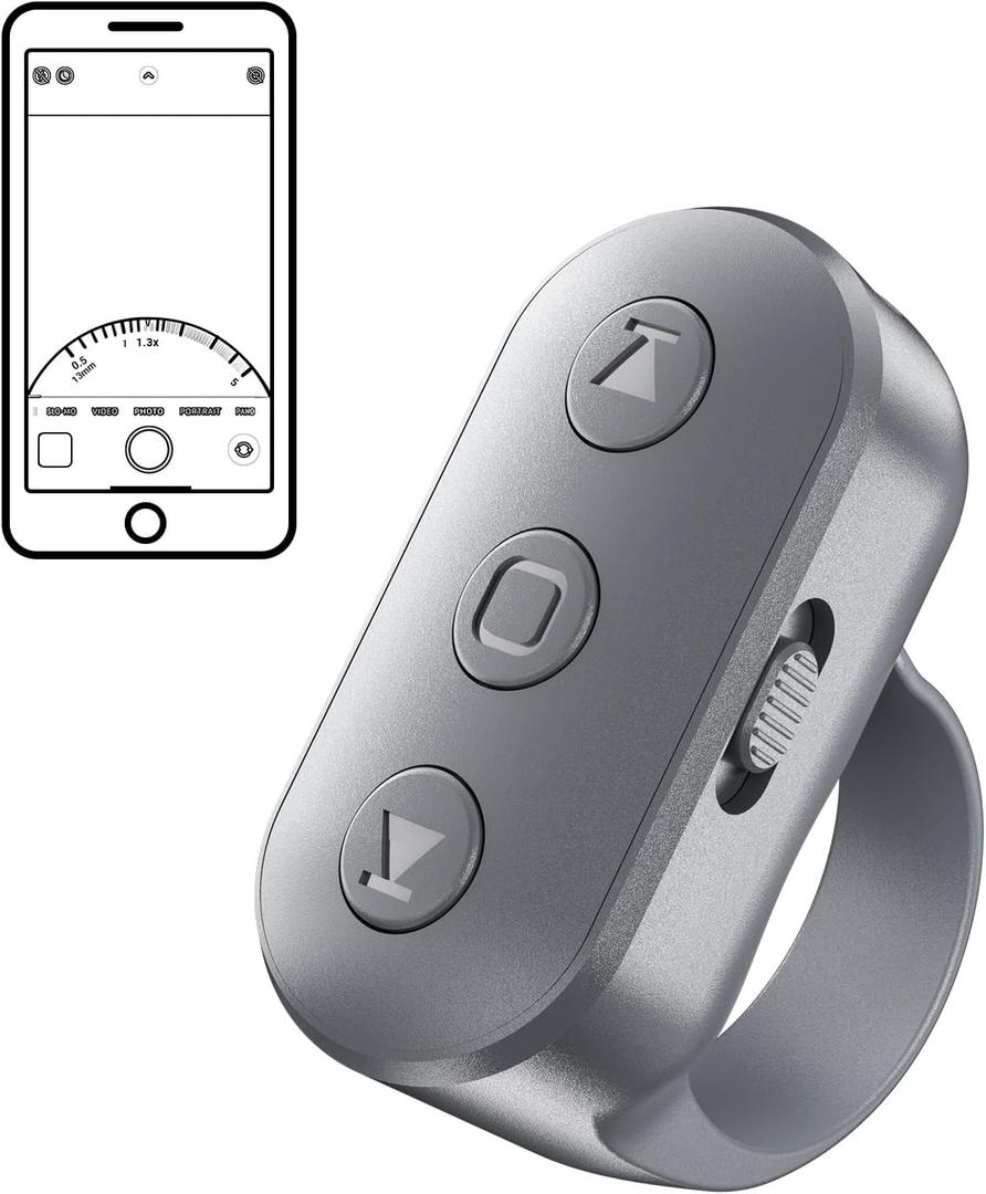 Phone Camera Ring Remote Control with Zoom in/Out, Rechargeable Shutter with Front/Rear Camera Switch for iPhone Android iPad, Hands Free Remote Ring for Photo & Video Recording Content Creator (Gray)