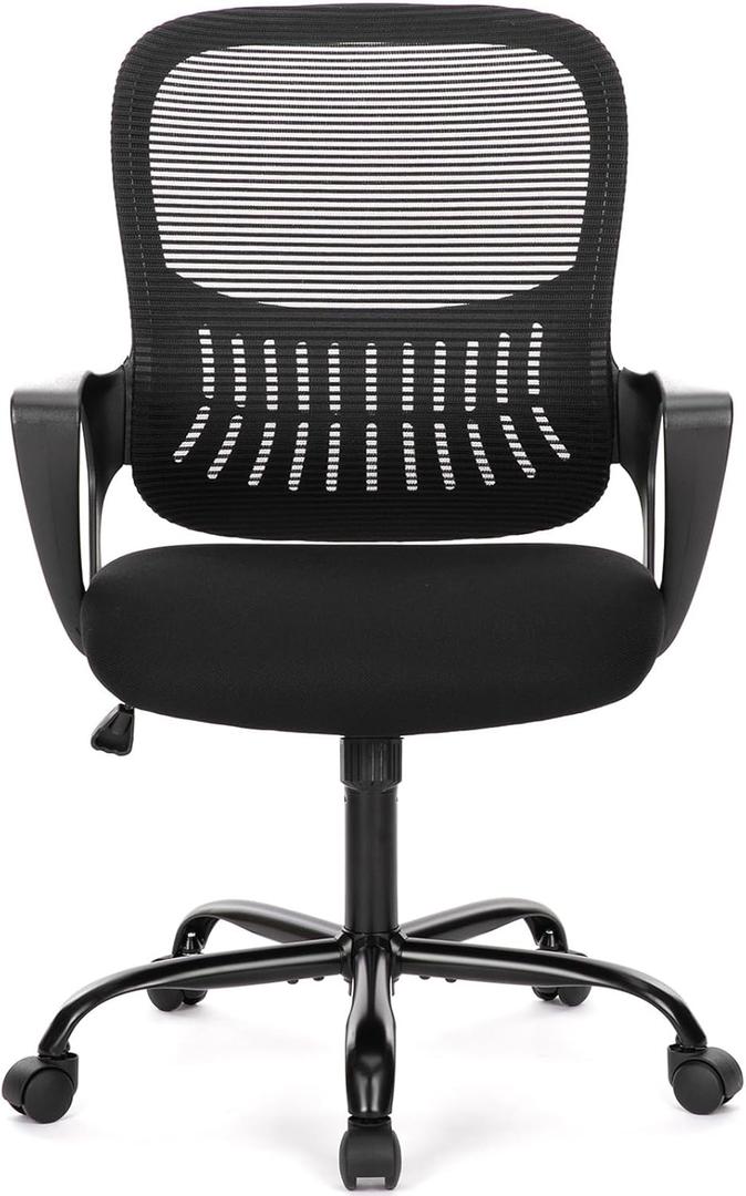 Home Office Computer Desk Chair, Ergonomic Mid-Back Mesh Rolling Work Swivel Task Chairs with Wheels, Comfortable Lumbar Support, Comfy Arms for Bedroom, Study, Dorm, Student (Black)