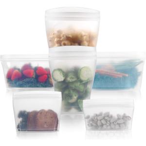 Reusable food container silicone bag, Full Set 6, 2 Cups, 2 Dishes, 2 Bags Zip Containers Storage, 100% Silicone Reusable Food Bag, Stand Up Preservation Bag, Rounded interior for easy cleaning. (white)