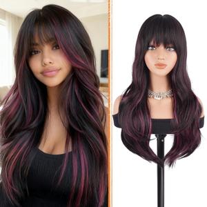 Haloo Brown Wigs with Bangs - Long Layered Natural Looking Synthetic Heat Resistant Wavy Hair Wigs for Women Daily Party, 26 Inch Black Brown Mixed Pink