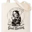 Geondos Good Mourning Grim Reaper Drinking Coffee Tote Bag Reusable Shoulder Tote Bag for Women Lady Casual Vacation Shopping Work Gym Inspirational Gifts For Women Friends