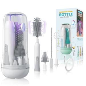 Electric Travel Baby Bottle Brush Set with Storage Box, Automatic Bottle Cleaner Brush Kit with Silicone Bottle/Nipple/Straw Brush, Milk Frother Electric and Drainage Rack, Rechargeable, Gray