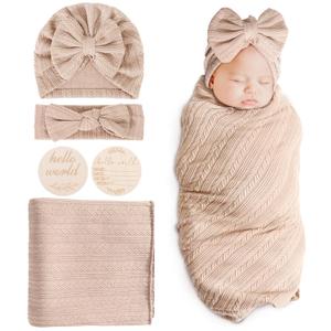 BQUBO Baby Swaddle Blankets for Girls, 4PCS Newborn Accessories Set with Hat and Bow Headband with Hello World Wooden Birth Announcement Card, Baby Blankets for Girls