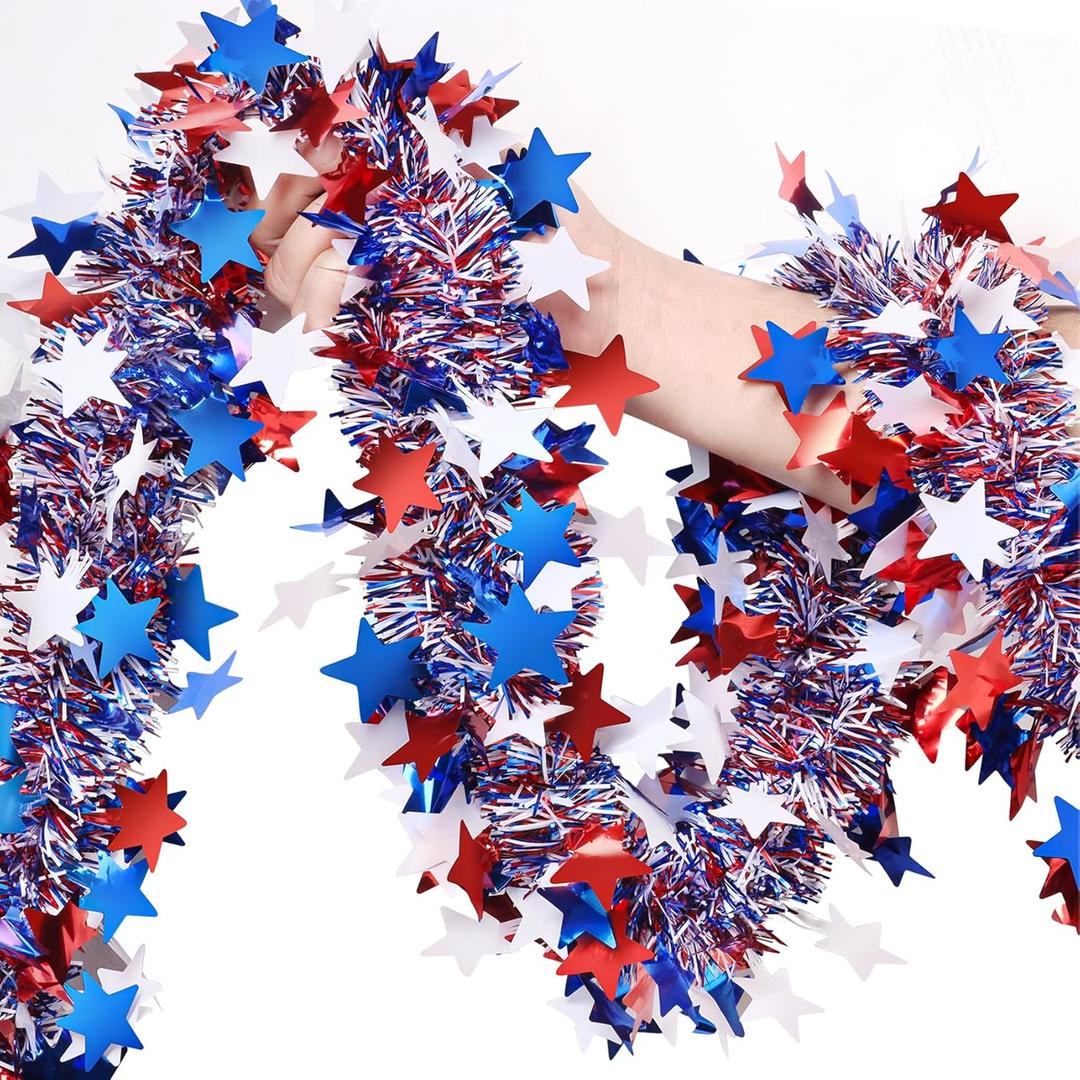 4th of July Garland Decorations,50Ft Glitter Tinsel Patriotic Decor for Tree Car Golf Cart Parade Float Bike Party Table Yard Door Boat Indoor Outdoor Holiday Home (Blue)