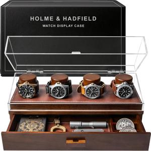 Holme & Hadfield Premium 4-Slot Wooden Watch Display Case  Handcrafted Mens Watch Box with Accessory Drawer, Hinged Cover, Leather Lining  Birthday Gift for Collectors  Luxury Built to Last
