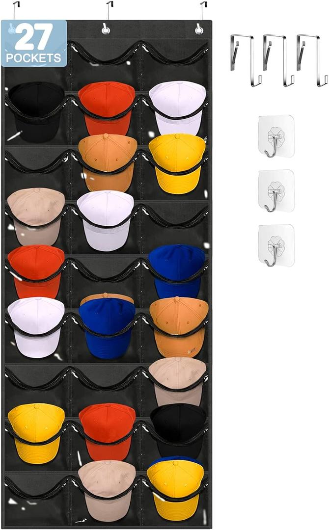 Owkjar 27 Large Pockets Hat Organizer for Baseball Caps,Hat Rack with 6 Hooks Over the Door or Wall Multiple Caps Display Storage Racks,Hat Holder Organizer for Golf Sports Caps Organization (Black)