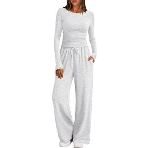 Trendy Queen Women's 2 Piece Matching Lounge Set Boat Neck Slim Fitted Top Wide Leg Pants Casual Tracksuits (Medium, Oatmeal Grey)