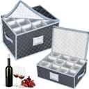 Glass and Mug Storage Box with Dividers - 2 Pack China Storage Containers Set Holds 24 Glassware , StemwareCoffee Mug and Tea Cup, Organizer Bin with Sturdy Metal Zipper,Label and Handles (Grey)