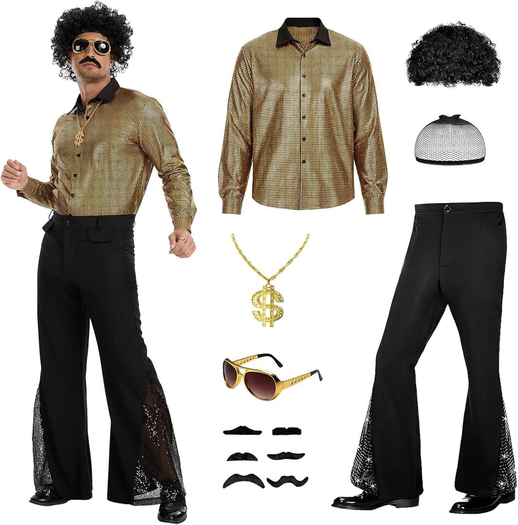 6 Pcs 70s Disco Outfit Costume for Men Dance Bell Bottom Pants Retro Shirts Moustache Sunglasses Wigs Necklace