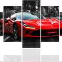 Black and White Wall Art Car Poster 5 Pieces Red Sports Car Large Canvas Art Pictures for Boys Room Bedroom Living Room Office Decor Ready to Hang (12x32 Inch x 1, 12x24 Inch x 2,12x16 Inch x 2)