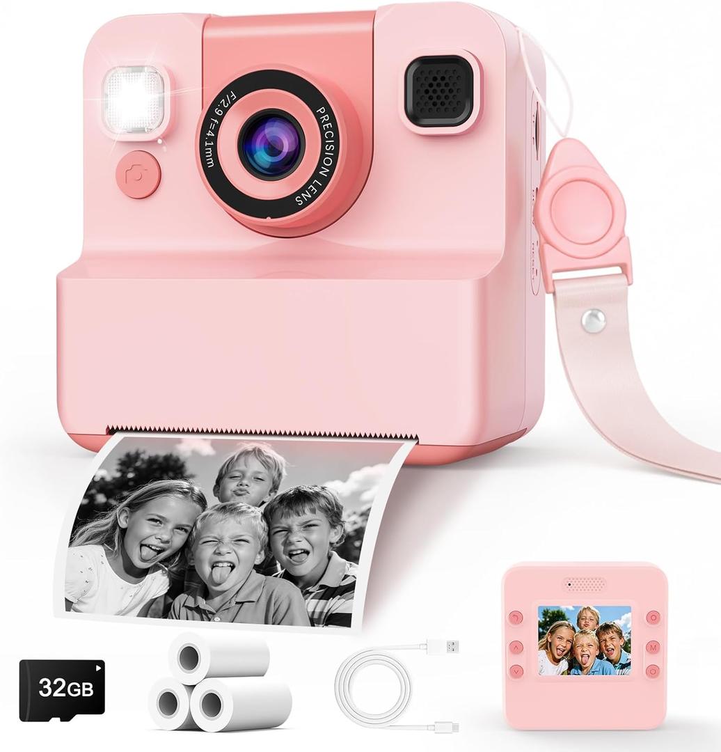 Kids Camera Instant Print Toys for Teenage Girls:1080P HD Digital Video Cameras for Girls, Christmas Birthday Gifts for 3 4 5 6 7 8 9 10 11 12 13 14 Year Old Girl with 32GB Sd Card-Pink