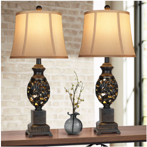 28" Bronze Nightstand Lamps with Faux Silk Shades，Vintage Living Room Bedroom End Table Lamps