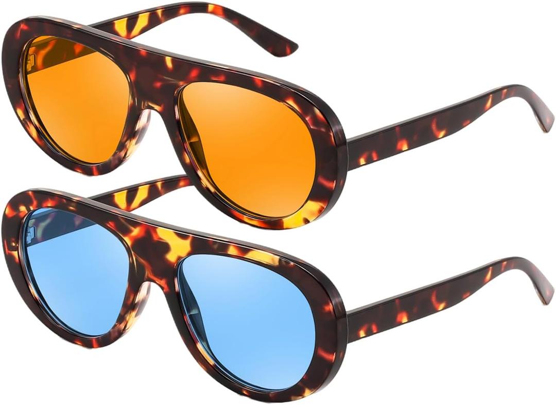 Karsaer 2 Pcs Retro Aviator Chunky Sunglasses for Women Men 70s Trendy Chic UV400 Sun Glasses (Tortoiseshell Frame / Orange Lens+tortoiseshell Frame / Blue Lens)