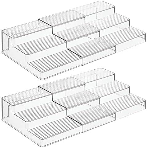 mDesign Plastic Spice/Food Kitchen Expandable Cabinet Shelf Organizer, 3 Tier Storage, Compact Caddy Rack for Cupboards, Refrigerator Holds Spices/Herb Bottles - Lumiere Collection - 2 Pack - Clear