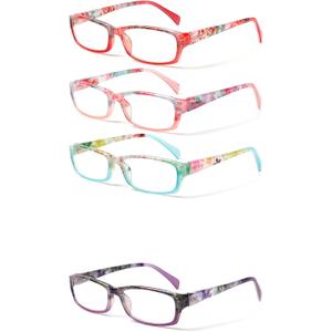 Kerecsen Reading Glasses 4 Pairs Fashion Ladies Readers Spring Hinge with Pattern Print Eyeglasses for Women (Mix Color -8, 1.25), Medium