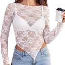 Avidlove Womens Mesh Tops Lace Long Sleeve Shirts Crewneck Slim Fitted Outfits See Through Blouses White XX-Large