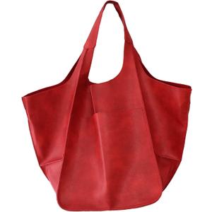 KlaOYer Oversized Leather Tote Bag Huge Capacity Work Hobo Pu Leather Bucket Purse And Handbag Large Soft Travel Shopping Bag (Red)