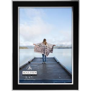 Malden International Designs Black Sleek With Silver Inside Border Picture Frame, 5x7, Black