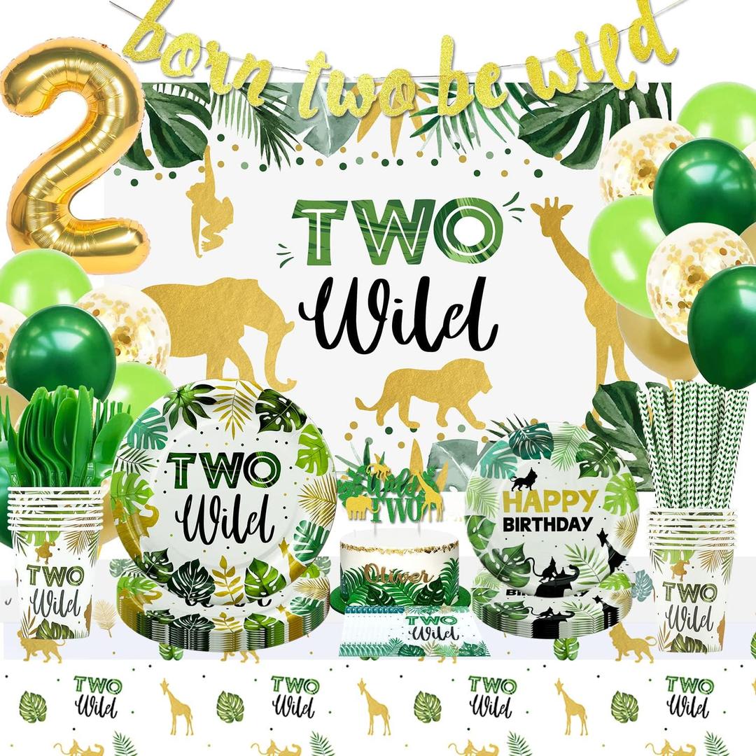 Two Wild Birthday Decorations Tableware, Safari Jungle Theme 2nd Party Supplies Include Banner, Backdrop, Plates, Cups, Napkin, Tablecloth, Balloons, Cutlery, for 2 Years Old Birthday