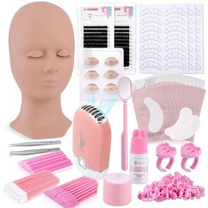 Pretty memory 152 PCS Eyelash Extension Kit with Lash Mannequin Head, Lash Training Kit for Beginners with Fan, Eyelash Extension Glue and Remover Cream, Tweezers for Practice