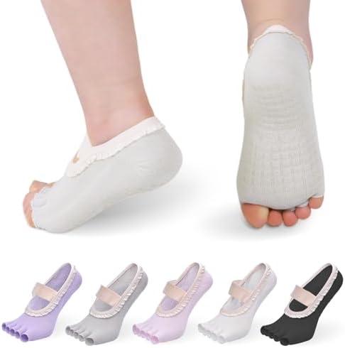 Pack Of 2 YOZHAKOU Women's Fashion Toe Separator Yoga Socks with Non-Slip Grips, Lace Trim - Breathable & Stretchy for Pilates, Ballet.