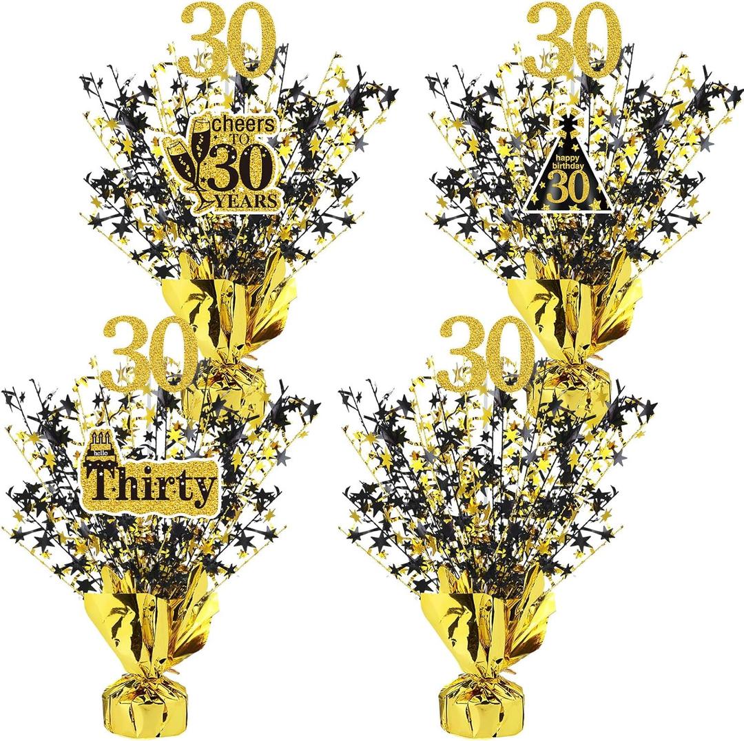 Tatuo 4 Pcs Metallic Foil Spray Centerpiece Happy 30th 40th 50th 60th Years Centerpiece Table Decorations for Black and Gold Birthday Anniversary Wedding Party Table Decor(30th Birthday)