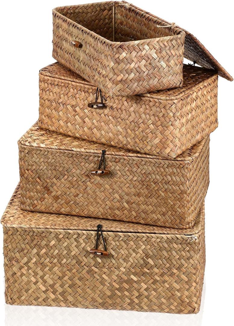 Set of 4 Wicker Storage Baskets with Lid, Handwoven Decorative Storage Boxes Multifunctional 4 Sizes Rattan Baskets Organizer for Home Office Shelves Clothes Toys Books (Brown)