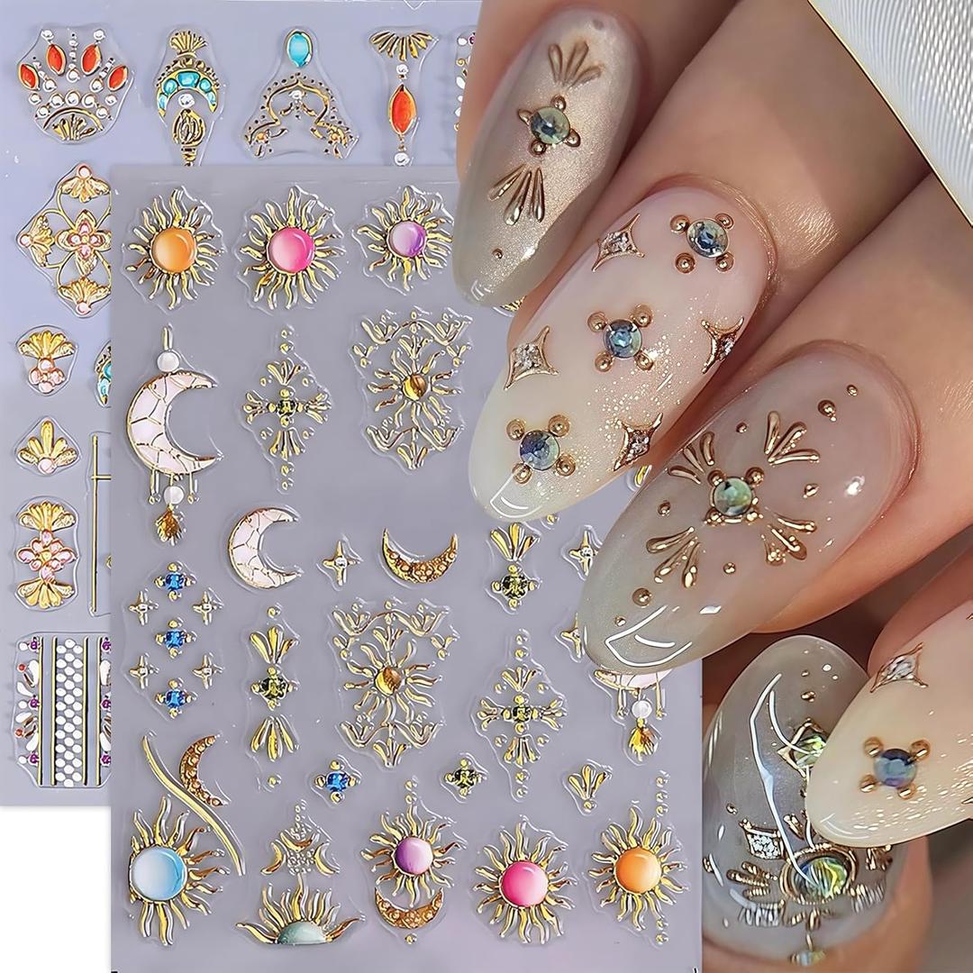 2 Sheets Sun Moon Nail Art Stickers Decals 5D Embossed Bohemian Style Nail Decals Bohemia Metallic Gold Lace Lines Stars Nail Designs Embossed Star Nail Decoration for Women Girls Nail Art Supplies