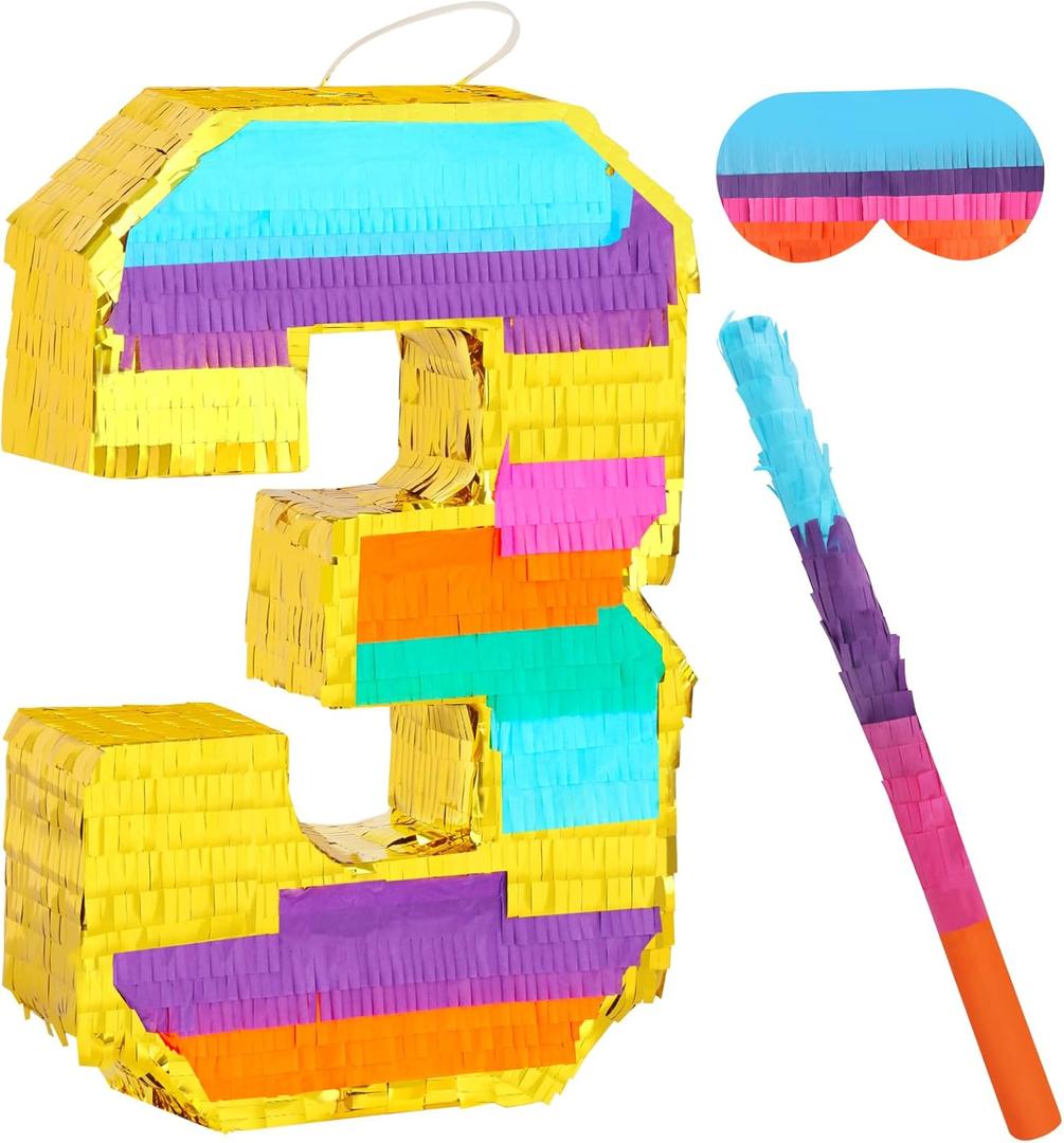 Rainbow Number 3 Pinata for 3rd Birthday Party Decorations, Fiesta, Centerpieces, Kids Anniversary, Celebrations, Birthday Party Supplies (16.1 x 10.6 x 3 Inches)